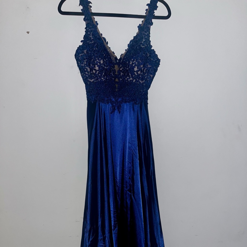 Faviana Navy silk prom / evening gown with an embroidered details